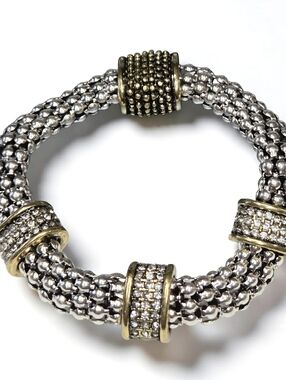 Luxury 2 Tone Silver Gold Chunky Caviar 3 Station Zircon Crystal Bracelet